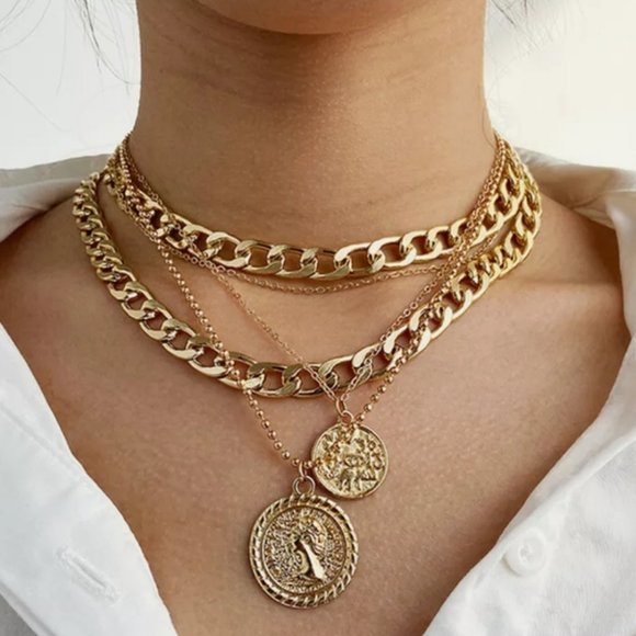 Multi-layer Thick Chain Portrait Coin Necklace - Picture 4 of 12